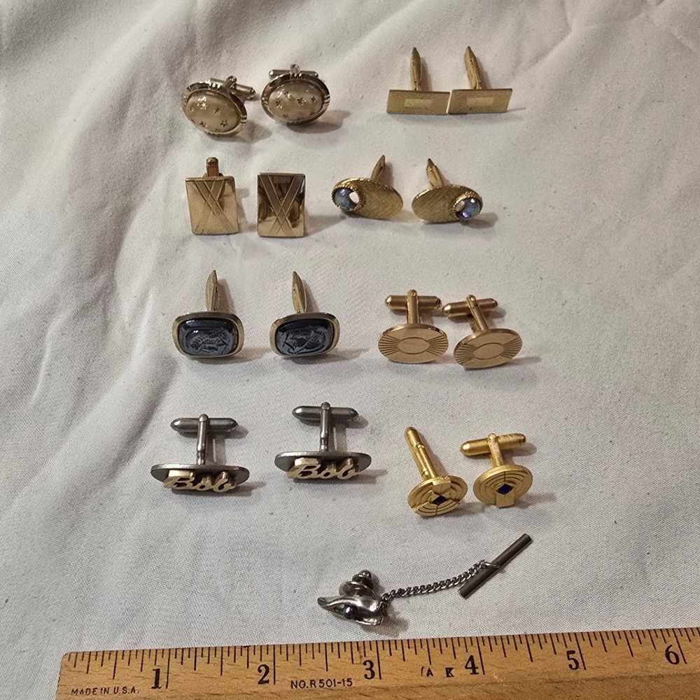 Vintage Mens Cufflinks Tie Tac Lot Gold Silver Tone Mid Century Modern Bob Star